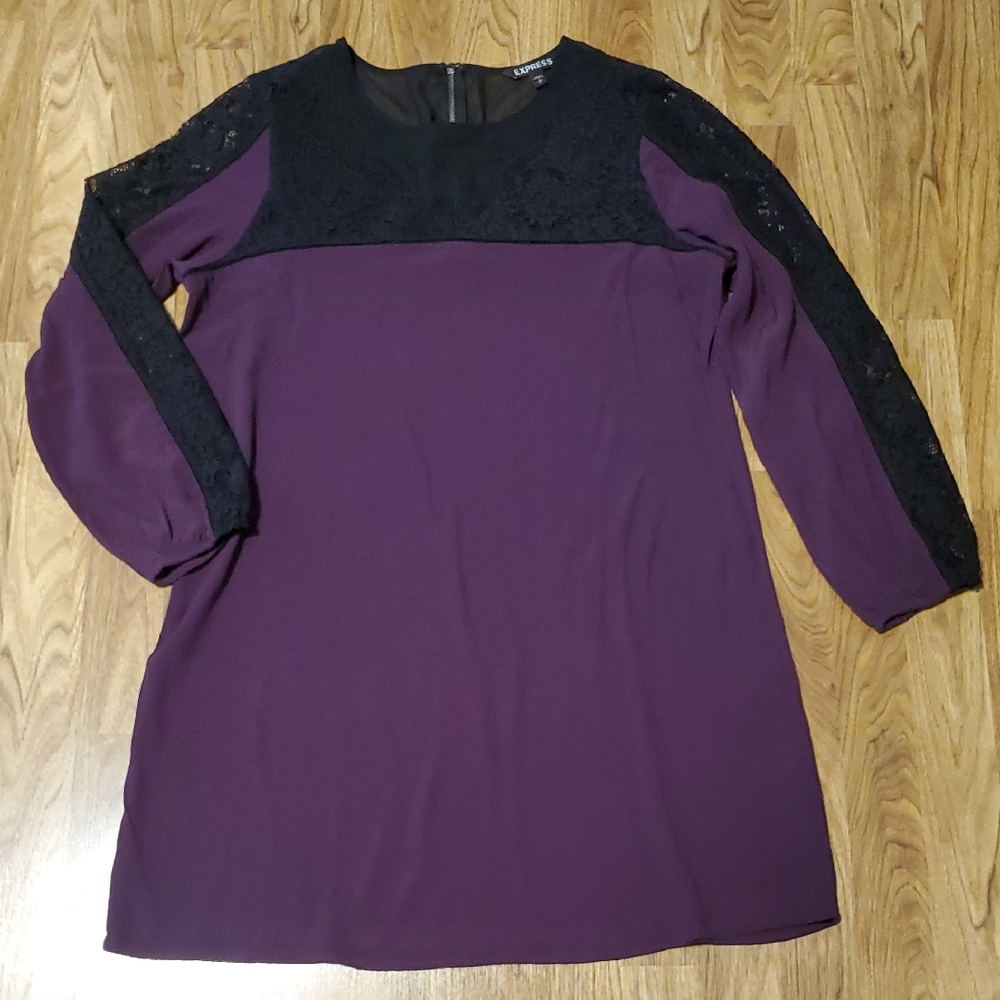Express Plum Purple Chiffon Shift Dress Black Lace Detail Long Sleeves Womens L